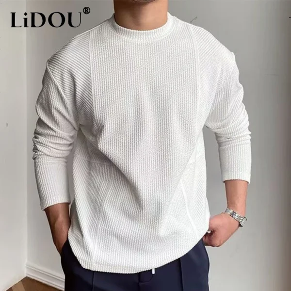 Spring Autumn Casual Fashion Solid Loose T-shirt Man Long Sleeve All Match Korean Style Patchwork Pullover Tops Tee Male Clothes