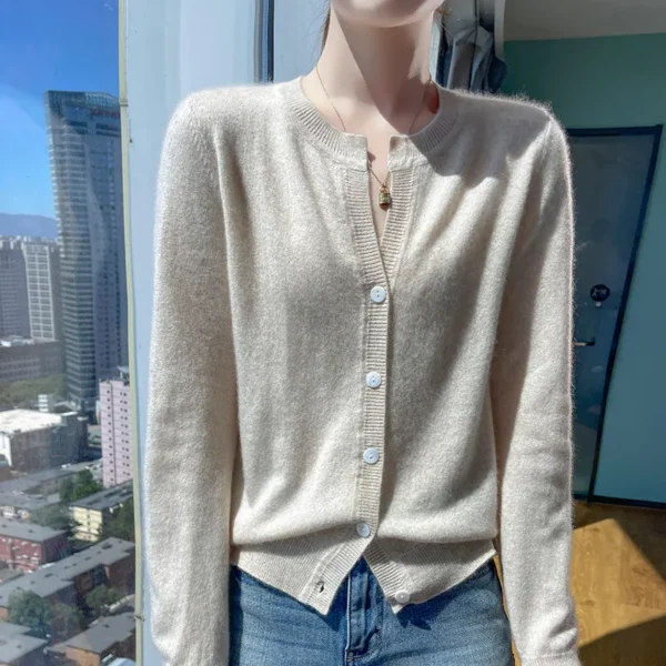 2024 new women's O-neck cardigan 100% pure cashmere women's knitted jacket long sleeved solid color cashmere sweater - Image 4