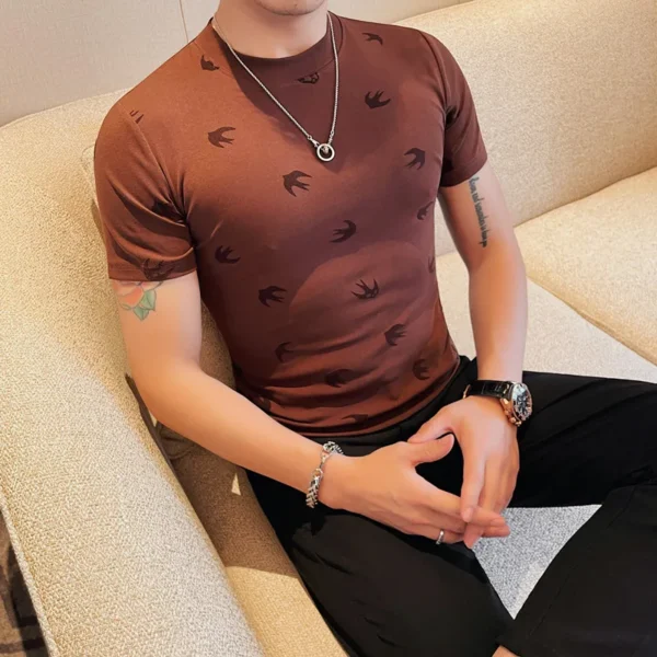 High Quality Summer Flocking Print Short Sleeve T-shirt Fashion Men Slim Fit Round Neck Casual Business Tee Tops Streetwear 4XL - Image 5