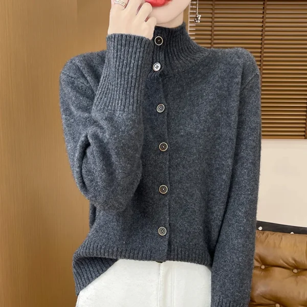 Women's Clothing Hot Sales 100% Merino Wool Women's Cardigan 2024 Autunmn/Winter New Stand Collar Cashmere Knit Sweater Jacket - Image 5