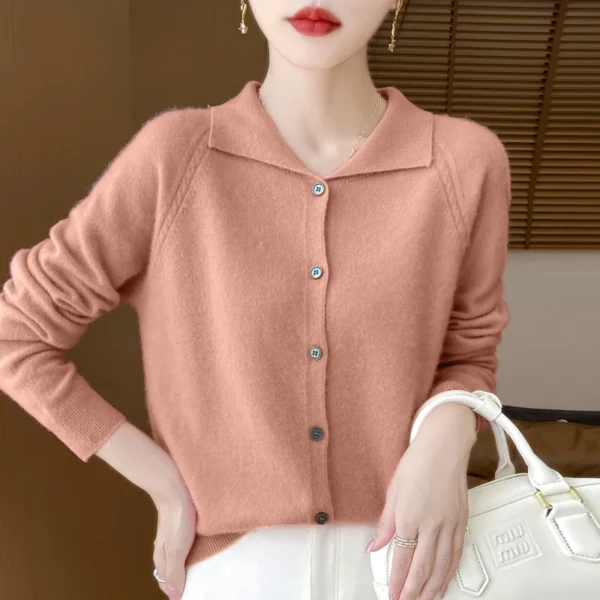 24 autumn and winter new cashmere sweater women's sweater 100% merino wool fashion lapel autumn warm cardigan top - Image 3