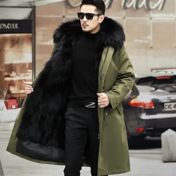 Military green cotton coat, men's imitation raccoon coat, thickened inner lining, medium length detachable fur coat - Image 3