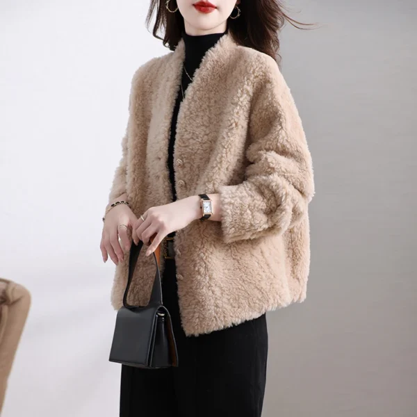 New Haining granule fur coat women's short one V-neck warm fashion lamb fur coat winter - Image 5