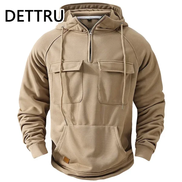 Men's Hoodies Sweatshirts Multi Pockets Male Hooded Jackets Outdoor Half Zipper - Image 3