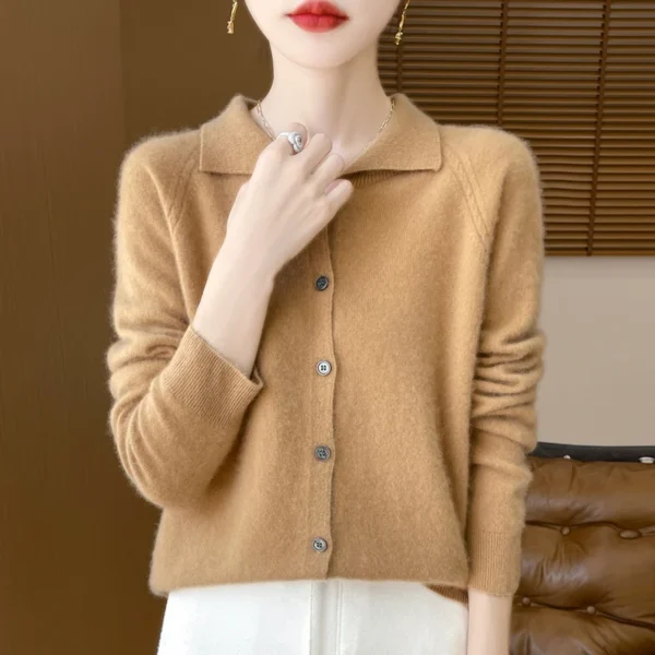 24 autumn and winter new cashmere sweater women's sweater 100% merino wool fashion lapel autumn warm cardigan top - Image 6