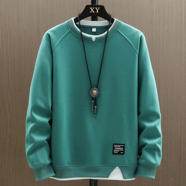 2024 New Mens Casual Sweatshirts Harajuku Solid Color Fashion Fake Two Pieces O-Neck Sweatshirt Hoodies Hip Hop Male Streetwear