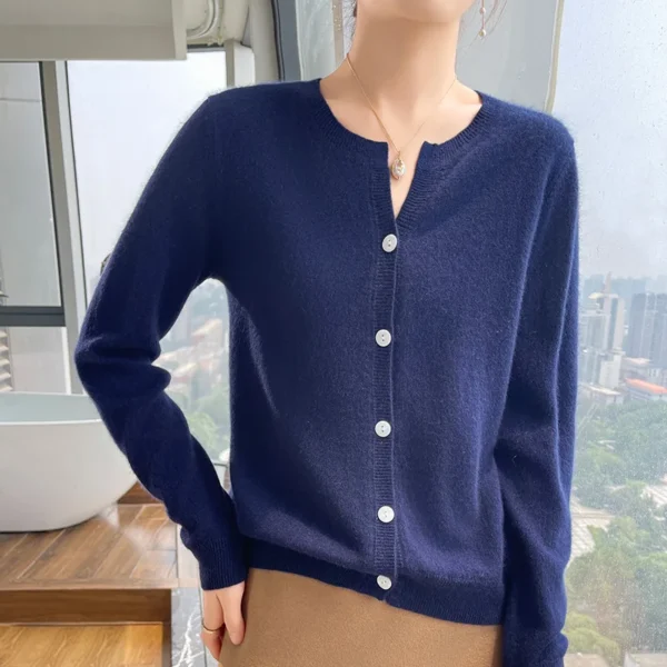 2024 new women's O-neck cardigan 100% pure cashmere women's knitted jacket long sleeved solid color cashmere sweater - Image 2