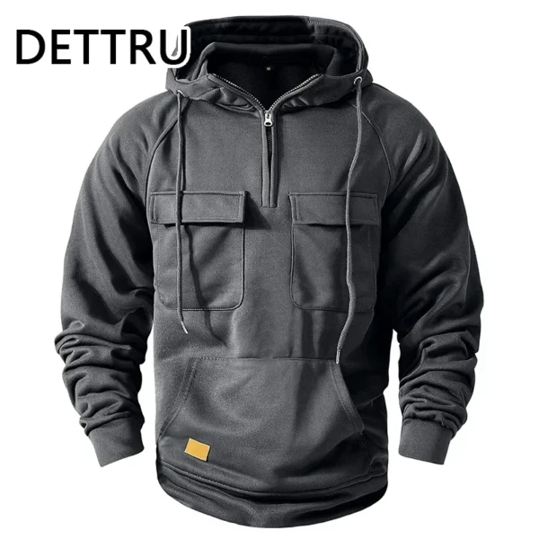 Men's Hoodies Sweatshirts Multi Pockets Male Hooded Jackets Outdoor Half Zipper - Image 5