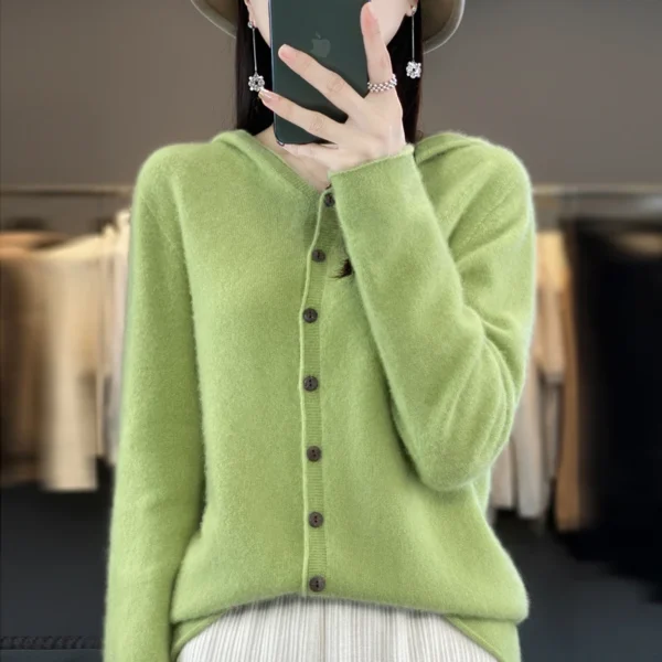 Autumn and winter new 100% pure wool cashmere sweater women's hooded cardigan casual sweater fashion solid color loose top - Image 3