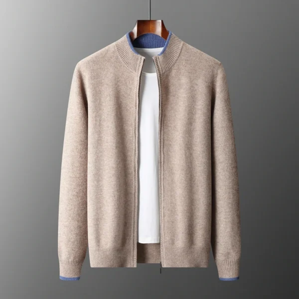 24 autumn and winter new 100% merino wool cardigan men's semi-high collar color matching padded leisure cashmere knitted jacket - Image 2