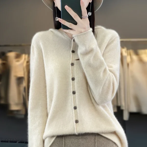 Autumn and winter new 100% pure wool cashmere sweater women's hooded cardigan casual sweater fashion solid color loose top - Image 2