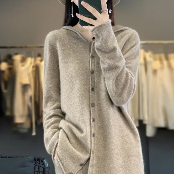 Autumn and winter new 100% pure wool cashmere sweater women's hooded cardigan casual sweater fashion solid color loose top