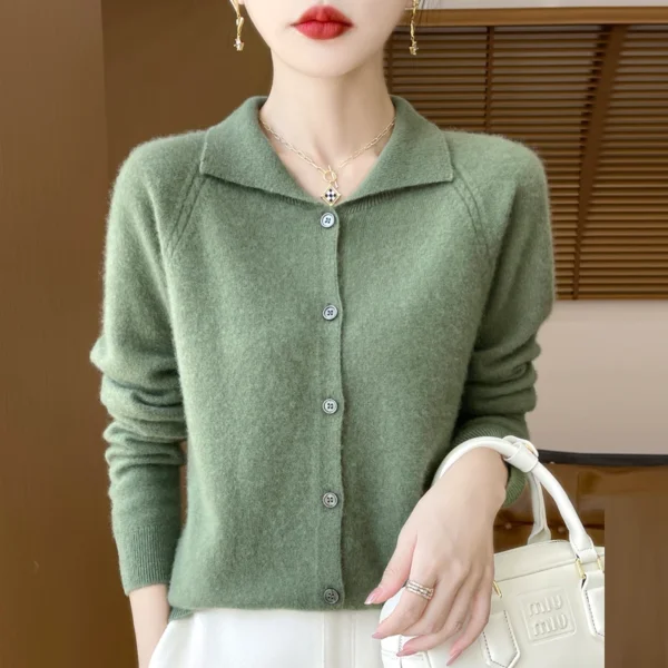 24 autumn and winter new cashmere sweater women's sweater 100% merino wool fashion lapel autumn warm cardigan top - Image 2