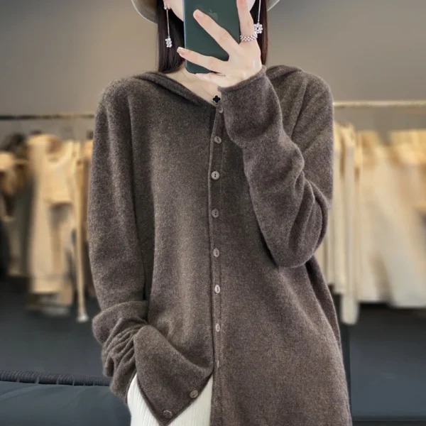 Autumn and winter new 100% pure wool cashmere sweater women's hooded cardigan casual sweater fashion solid color loose top - Image 4