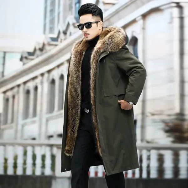 Military green cotton coat, men's imitation raccoon coat, thickened inner lining, medium length detachable fur coat - Image 2