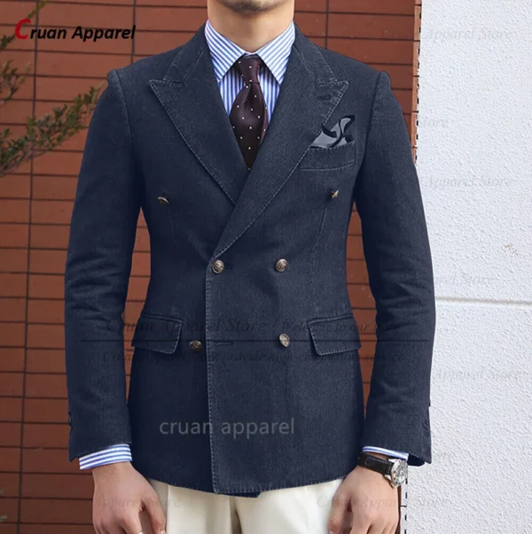 (One Blazer) Classic Denim Men Suit Coat Casual Party Fashion Costumes 2023 Newest Tailor-made Slim Fit Double Breasted Jacket - Image 2