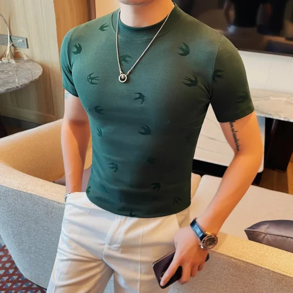 High Quality Summer Flocking Print Short Sleeve T-shirt Fashion Men Slim Fit Round Neck Casual Business Tee Tops Streetwear 4XL - Image 2