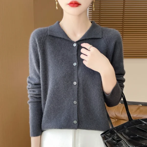 24 autumn and winter new cashmere sweater women's sweater 100% merino wool fashion lapel autumn warm cardigan top - Image 5