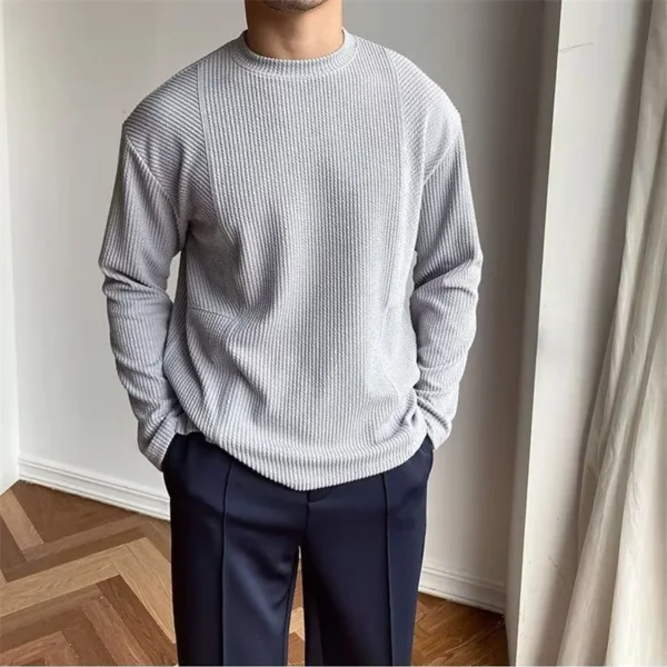 Spring Autumn Casual Fashion Solid Loose T-shirt Man Long Sleeve All Match Korean Style Patchwork Pullover Tops Tee Male Clothes - Image 3