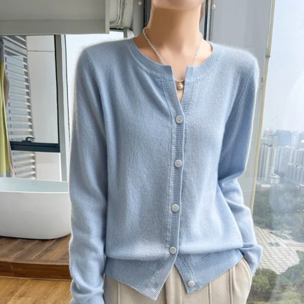 2024 new women's O-neck cardigan 100% pure cashmere women's knitted jacket long sleeved solid color cashmere sweater - Image 5