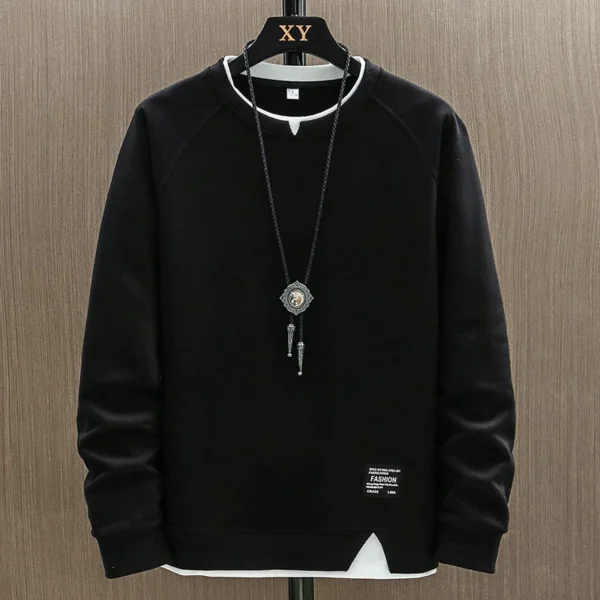 2024 New Mens Casual Sweatshirts Harajuku Solid Color Fashion Fake Two Pieces O-Neck Sweatshirt Hoodies Hip Hop Male Streetwear - Image 4