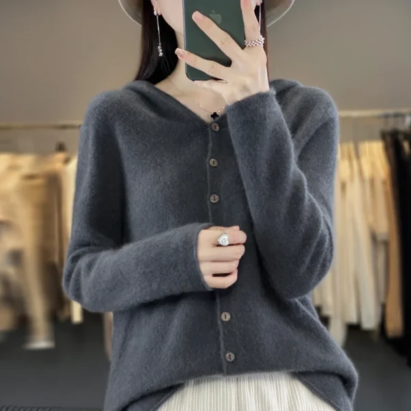 Autumn and winter new 100% pure wool cashmere sweater women's hooded cardigan casual sweater fashion solid color loose top - Image 6