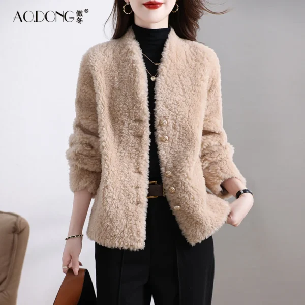 New Haining granule fur coat women's short one V-neck warm fashion lamb fur coat winter