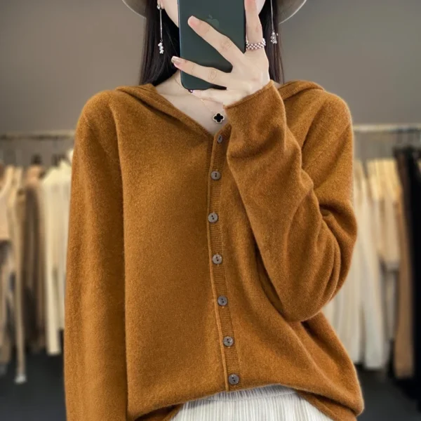 Autumn and winter new 100% pure wool cashmere sweater women's hooded cardigan casual sweater fashion solid color loose top - Image 5